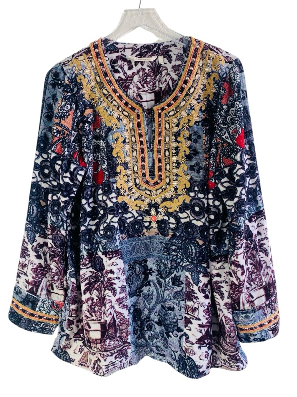 Soft Surroundings Velvet Beaded Embroidered Long Sleeve Tunic Size L